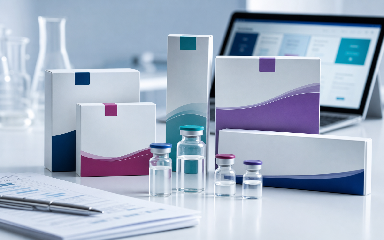 Portafolio genérico de productos farmacéuticos junto a documentación regulatoria.